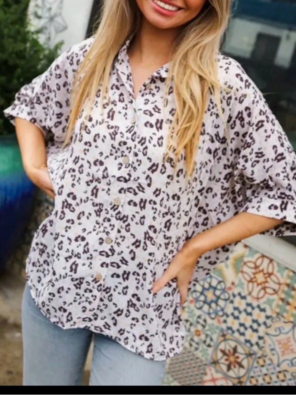 Women's Cream/brown Leopard Button-Up Shirt - Casual Relaxed Fit